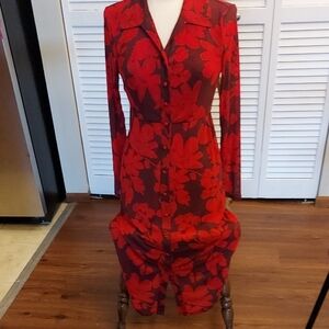 CAbi Red Floral Long Sleeve Dress